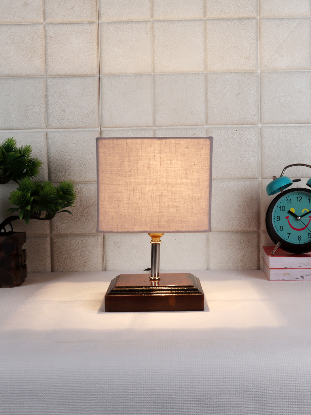 Ambika Home Grey cotton Table Lamp with Brown Wood Base | Designer Bedside Lamp for Living Room, Bedroom, Hotel, Café & Restaurant - Image 2