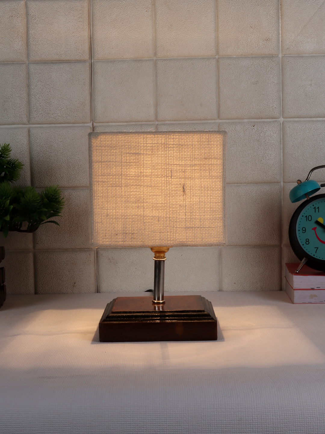 Ambika Home White Jute Table Lamp with Brown Wood Base | Designer Bedside Lamp for Living Room, Bedroom, Hotel, Café & Restaurant - Image 2