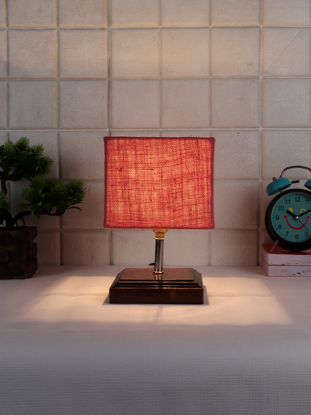 Ambika Home Pink Jute Table Lamp with Brown Wood Base | Designer Bedside Lamp for Living Room, Bedroom, Hotel, Café & Restaurant - Image 2