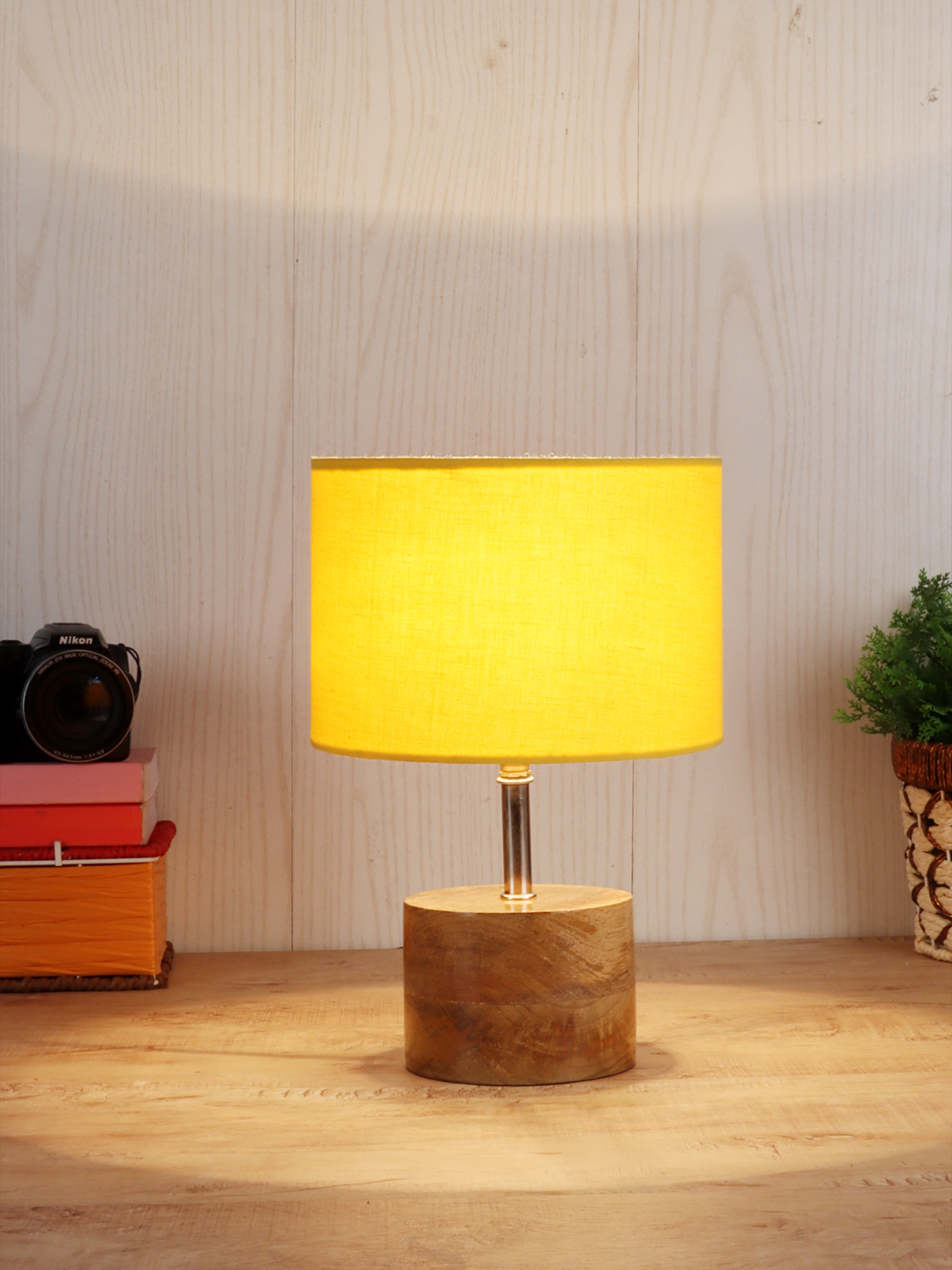 Ambika Home Yellow cotton Table Lamp with Natural Wood Base | Designer Bedside Lamp for Living Room, Bedroom, Hotel, Café & Restaurant - Image 2