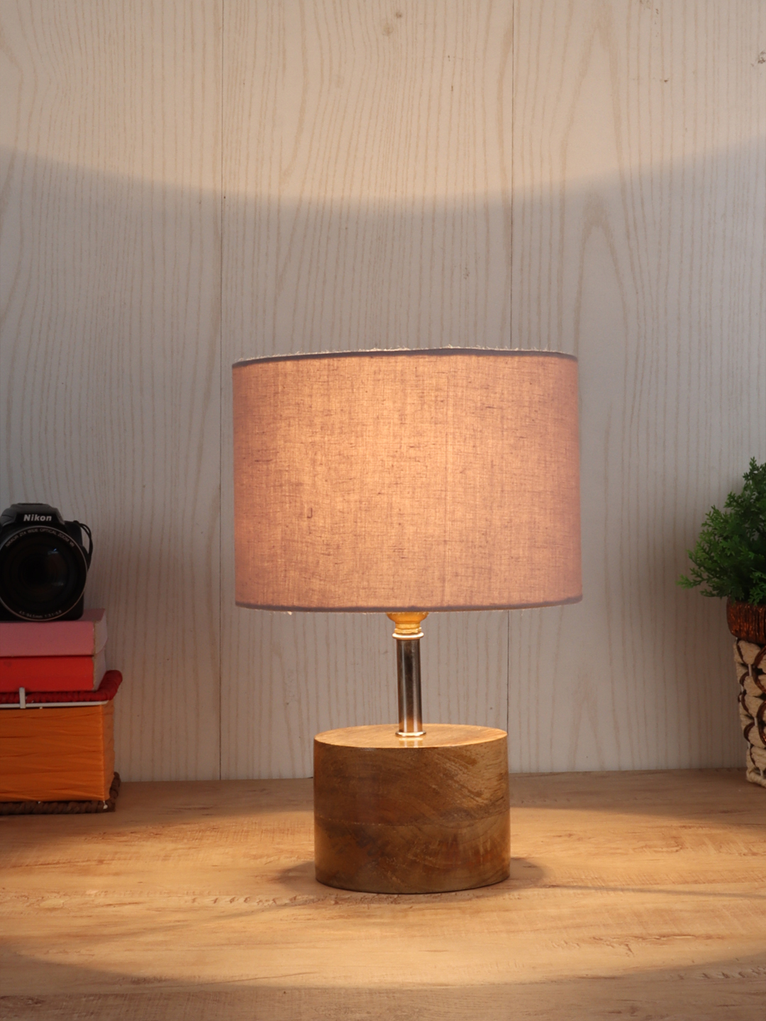 Ambika Home Grey cotton Table Lamp with Natural Wood Base | Designer Bedside Lamp for Living Room, Bedroom, Hotel, Café & Restaurant - Image 2