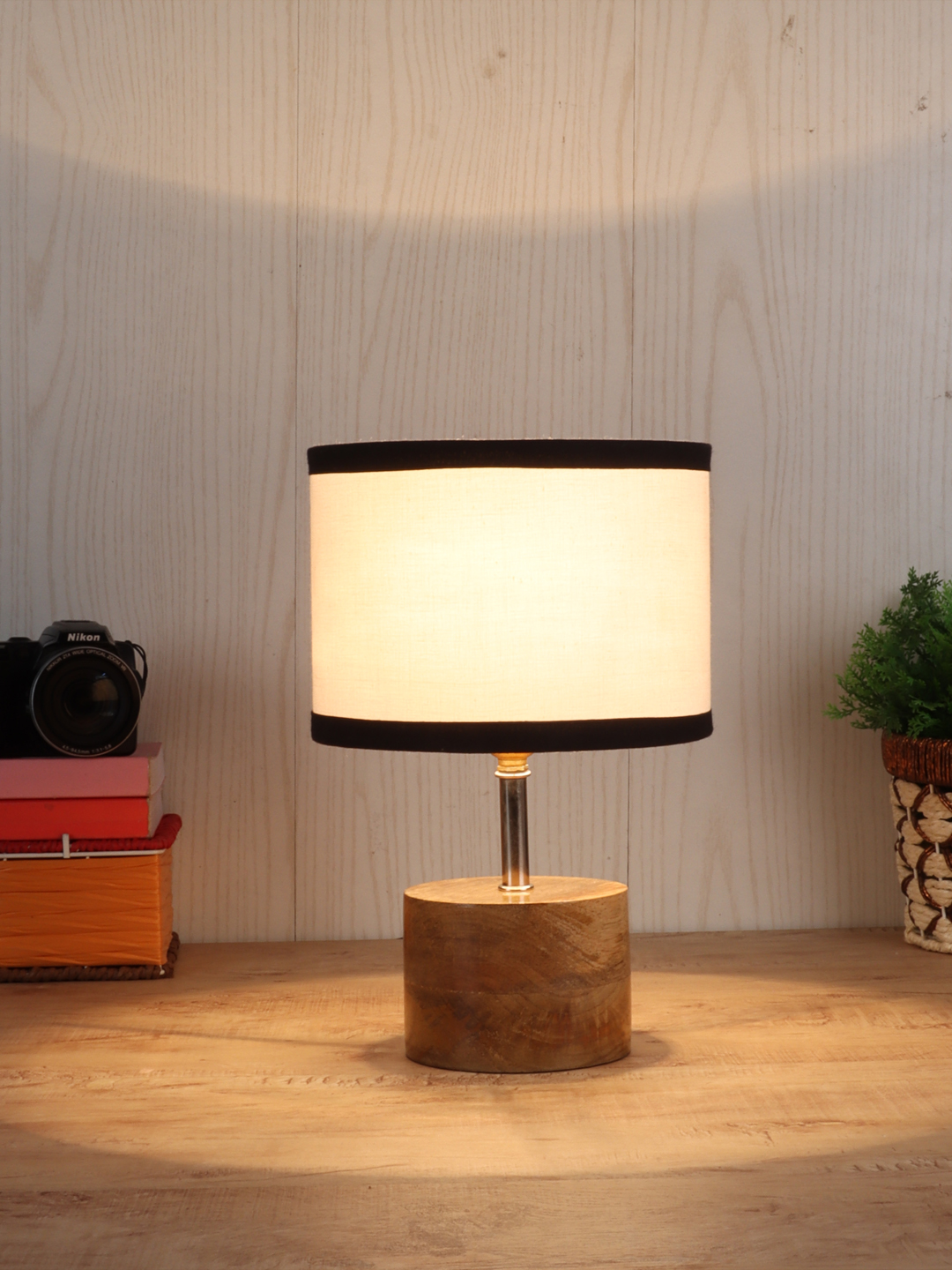 Ambika Home White cotton Table Lamp with Natural Wood Base | Designer Bedside Lamp for Living Room, Bedroom, Hotel, Café & Restaurant - Image 2