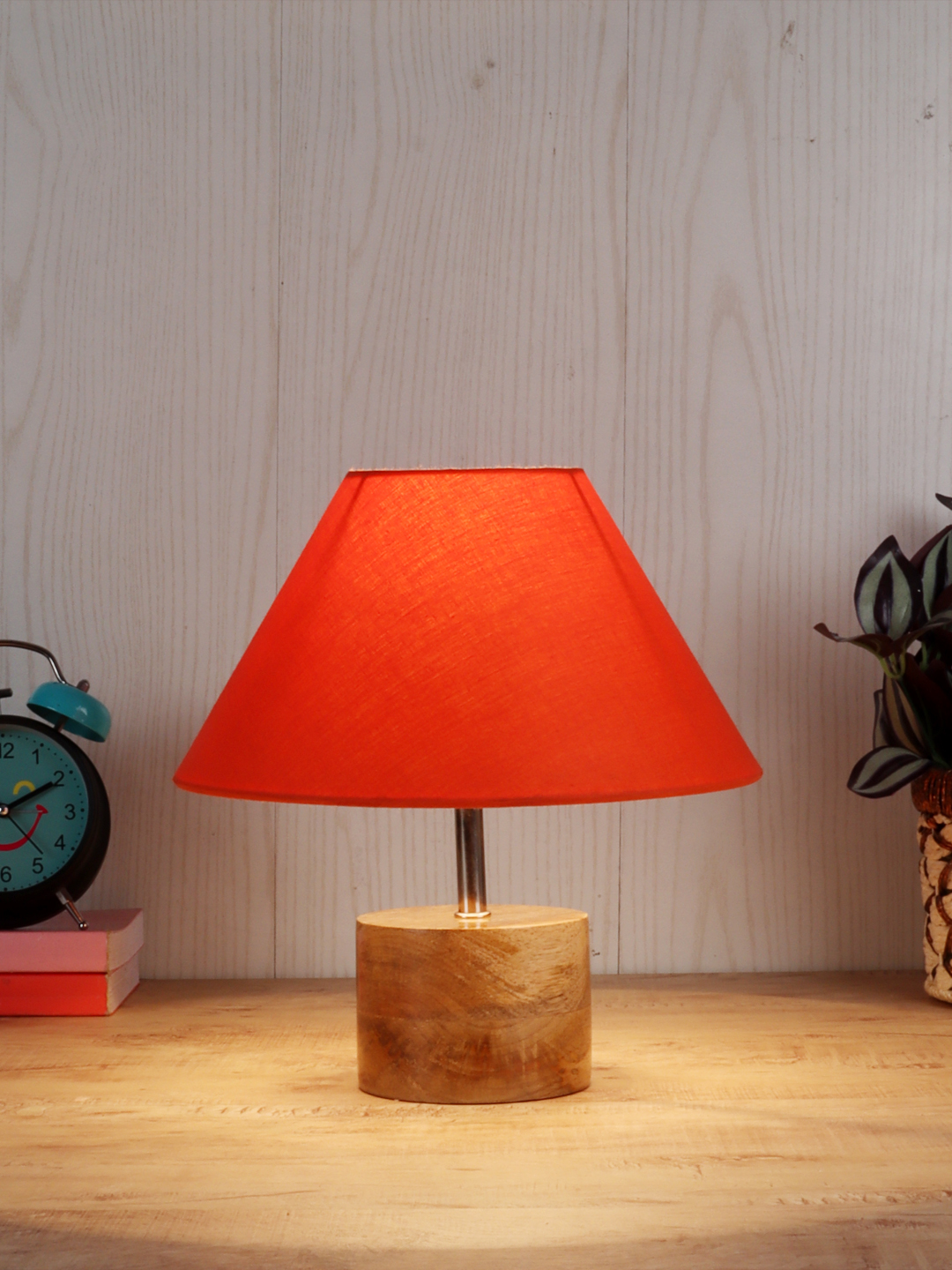 Ambika Home Orange cotton Table Lamp with Natural Wood Base | Designer Bedside Lamp for Living Room, Bedroom, Hotel, Café & Restaurant - Image 2