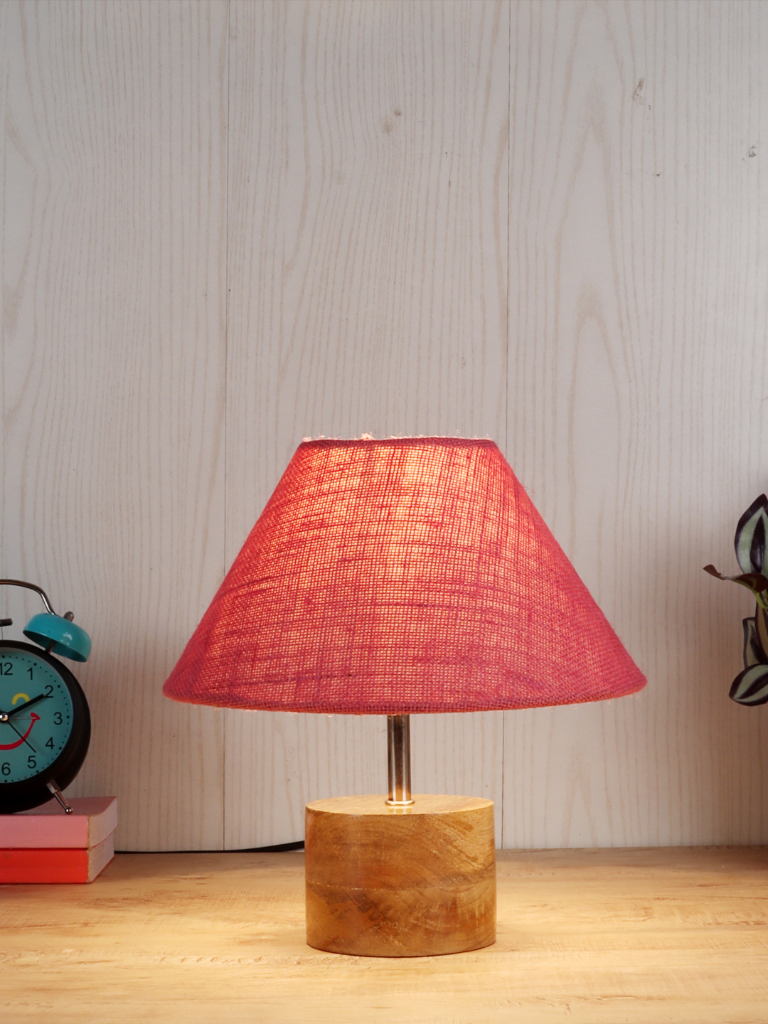 Ambika Home Pink Jute Table Lamp with Natural Wood Base | Designer Bedside Lamp for Living Room, Bedroom, Hotel, Café & Restaurant - Image 2