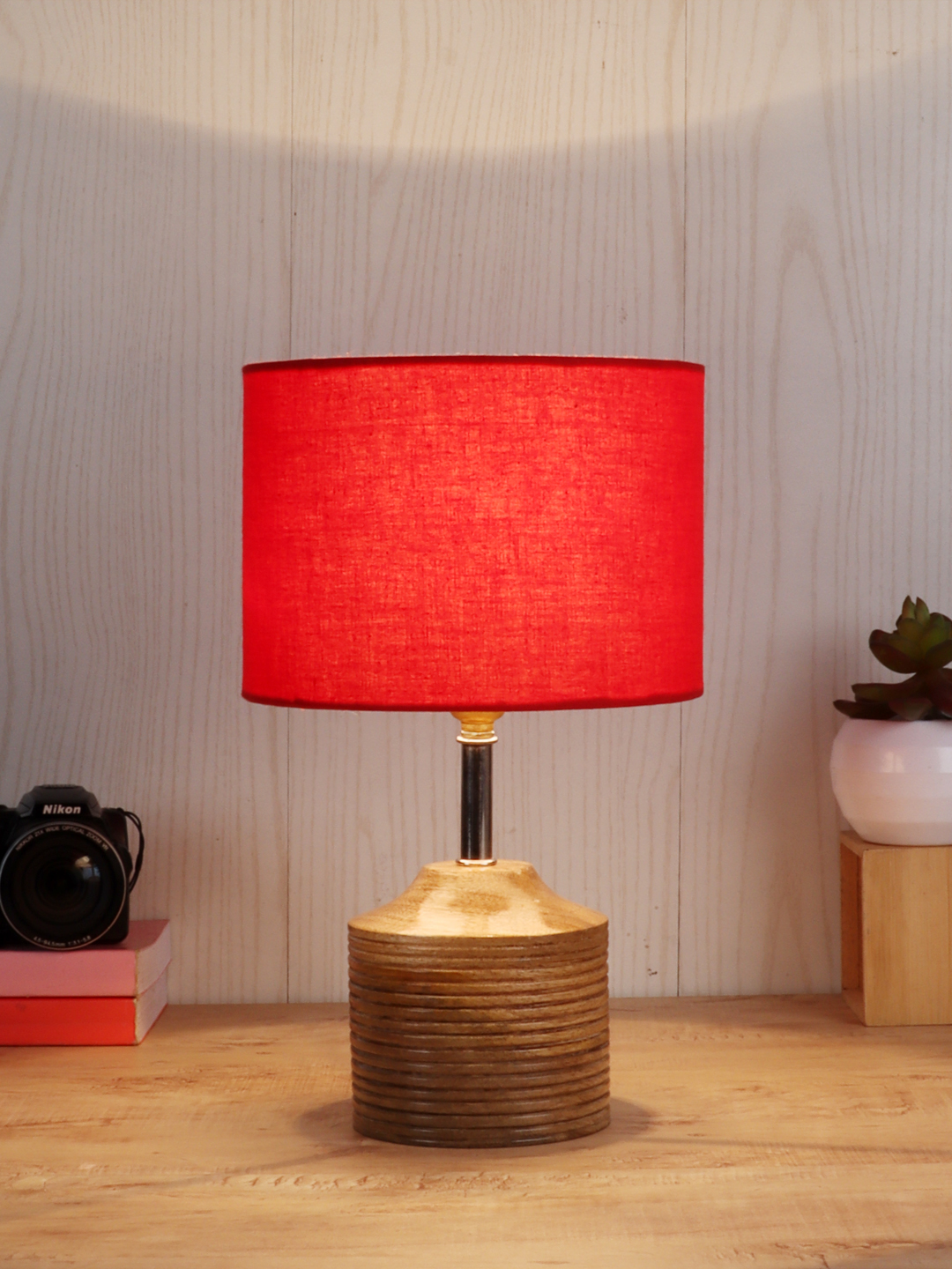 Ambika Home Red cotton Table Lamp with Natural Wood Base | Designer Bedside Lamp for Living Room, Bedroom, Hotel, Café & Restaurant - Image 2