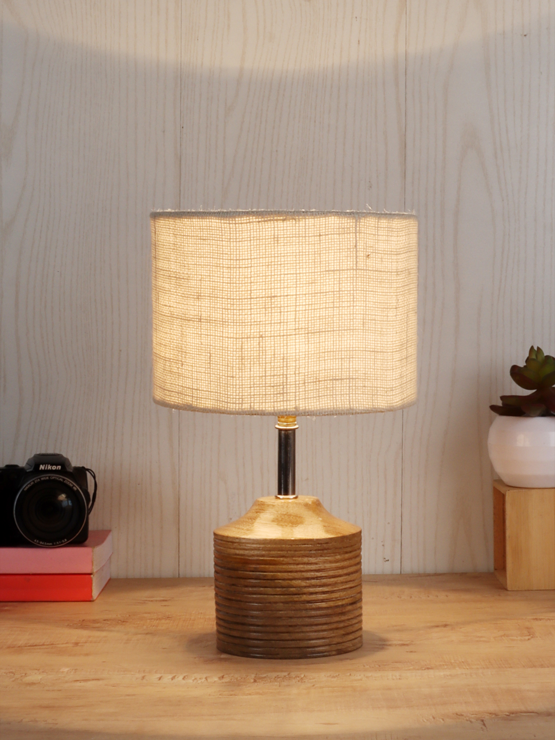 Ambika Home White Jute Table Lamp with Natural Wood Base | Designer Bedside Lamp for Living Room, Bedroom, Hotel, Café & Restaurant - Image 2