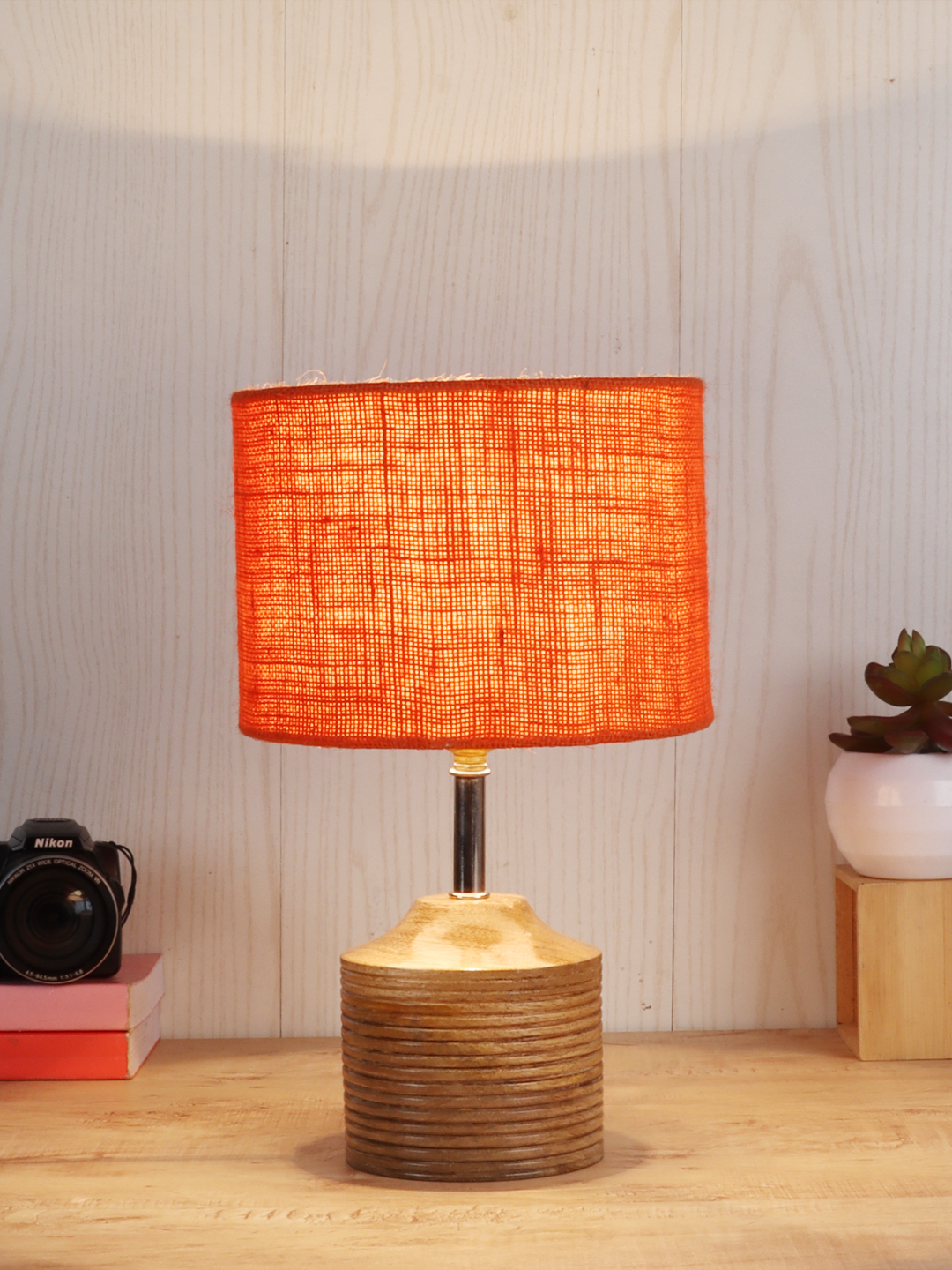 Ambika Home Orange Jute Table Lamp with Natural Wood Base | Designer Bedside Lamp for Living Room, Bedroom, Hotel, Café & Restaurant - Image 2