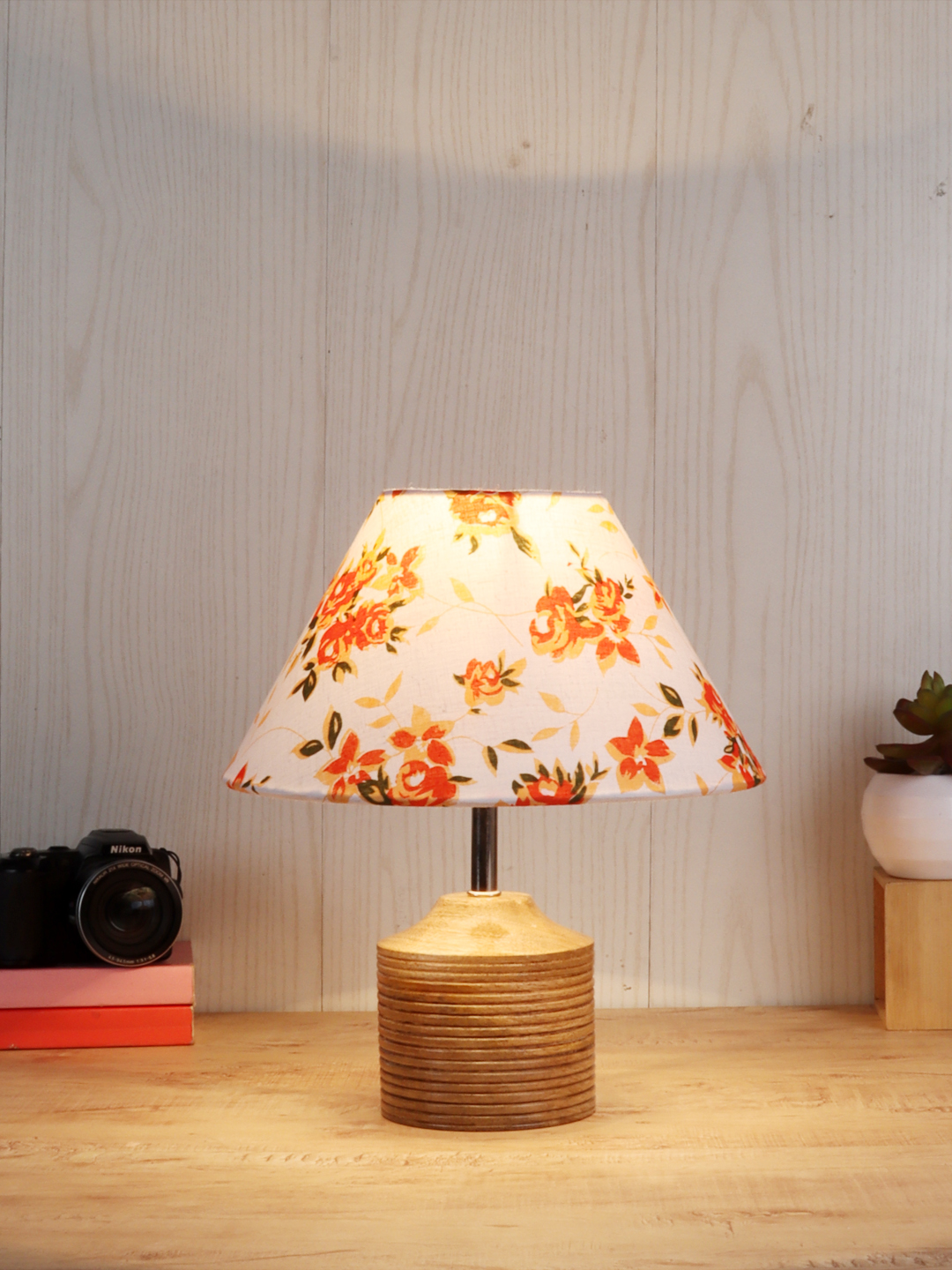 Ambika Home Multicolor cotton Table Lamp with Natural Wood Base | Designer Bedside Lamp for Living Room, Bedroom, Hotel, Café & Restaurant - Image 2