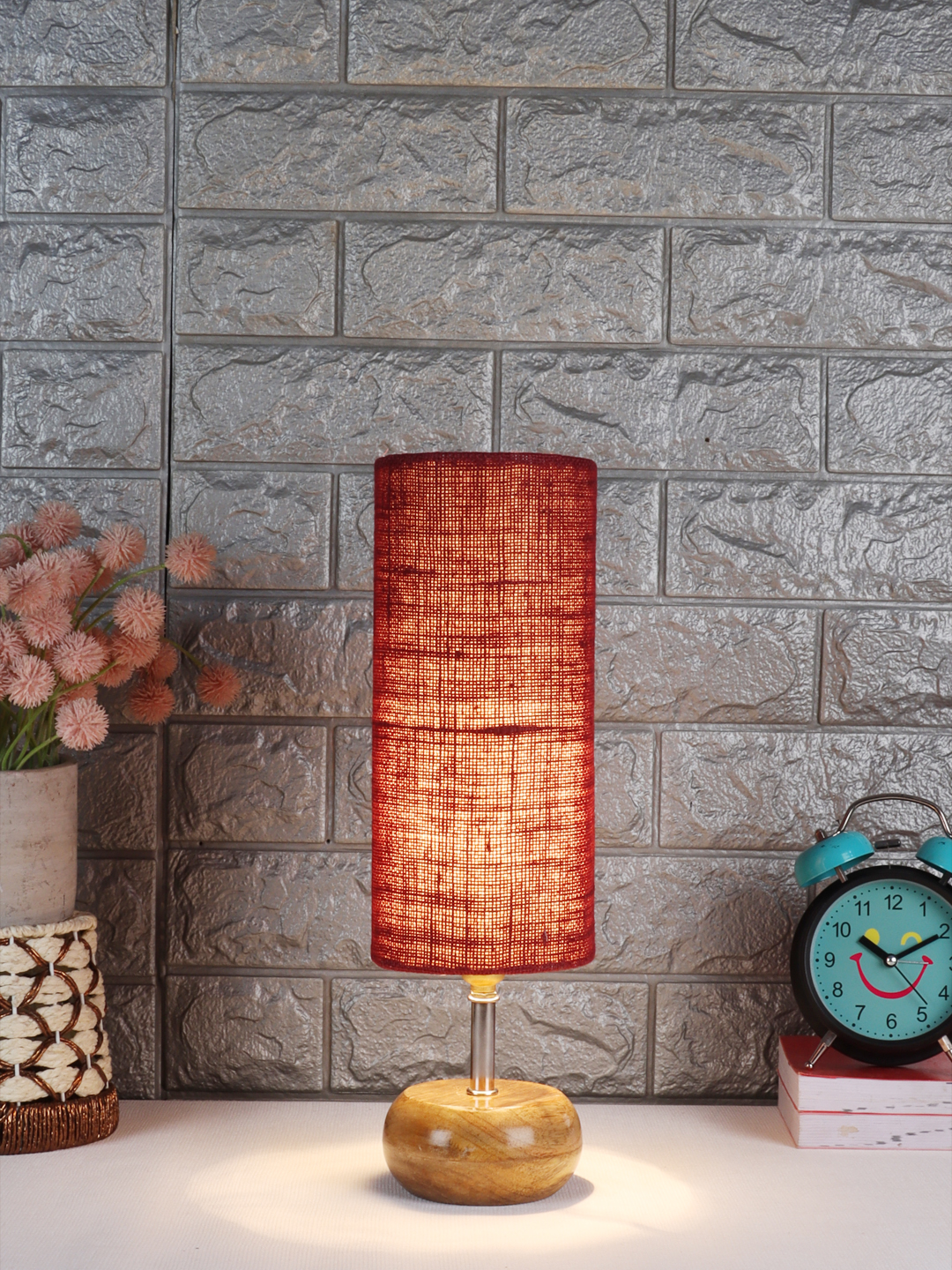 Ambika Home Maroon Jute Table Lamp with Natural Wood Base | Designer Bedside Lamp for Living Room, Bedroom, Hotel, Café & Restaurant - Image 2