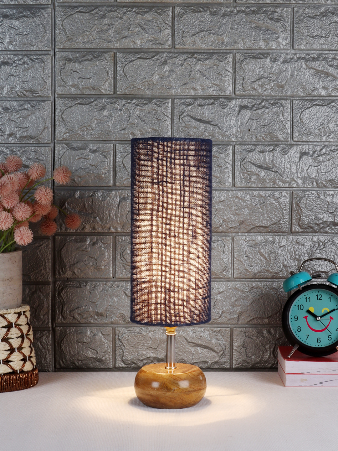Ambika Home Blue Jute Table Lamp with Natural Wood Base | Designer Bedside Lamp for Living Room, Bedroom, Hotel, Café & Restaurant - Image 2