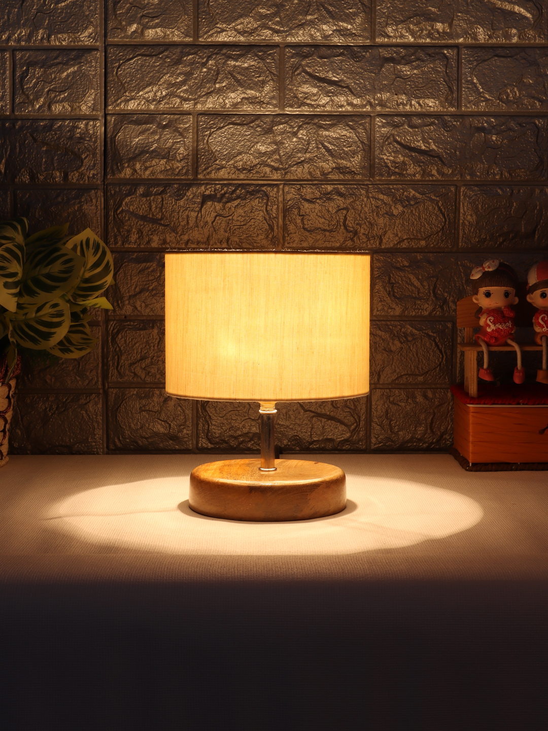 Ambika Home Off-white cotton Table Lamp with Natural Wood Base | Designer Bedside Lamp for Living Room, Bedroom, Hotel, Café & Restaurant - Image 3