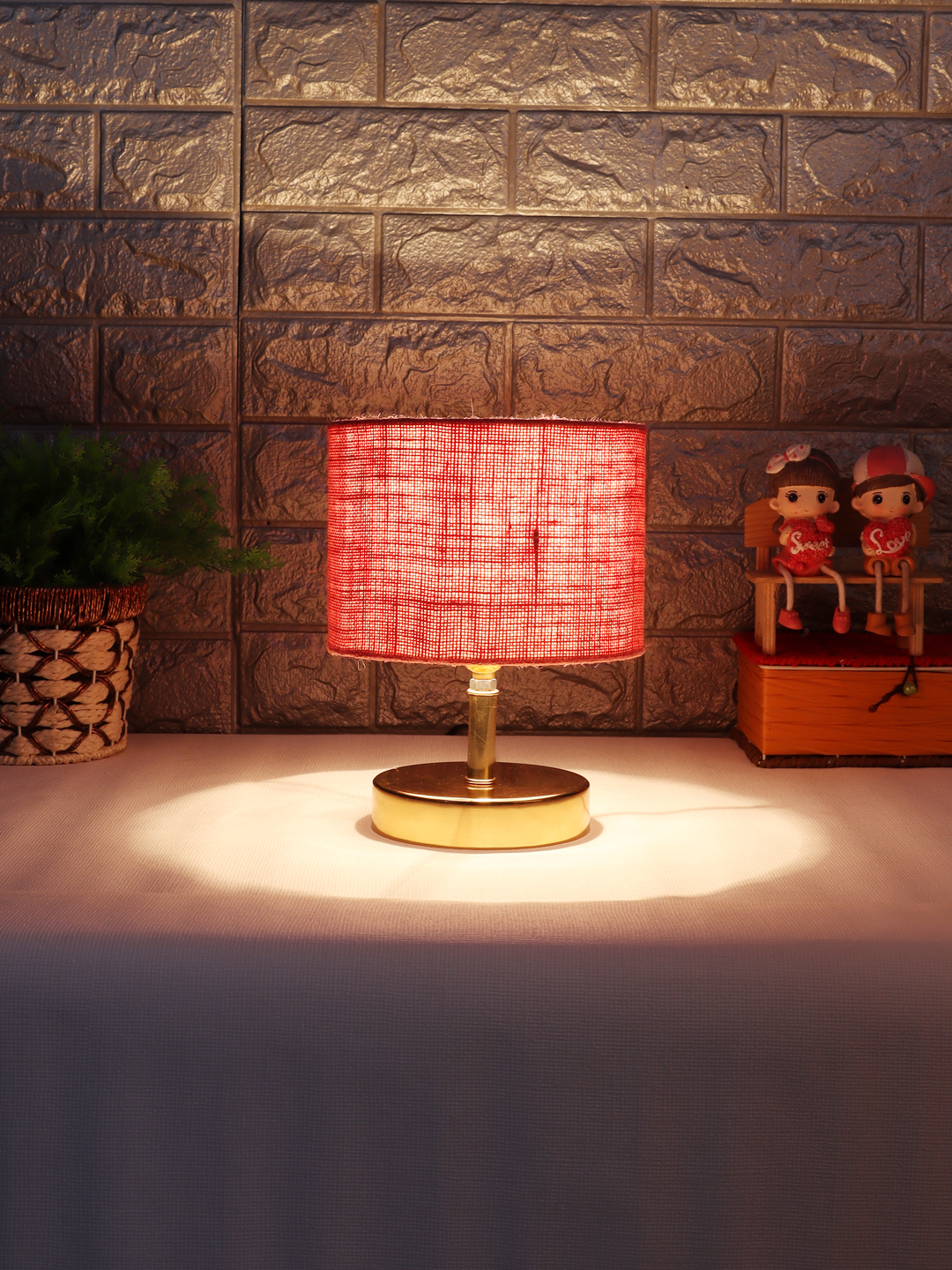 Ambika Home Pink Jute Table Lamp with Gold Metal Base | Designer Bedside Lamp for Living Room, Bedroom, Hotel, Café & Restaurant - Image 3