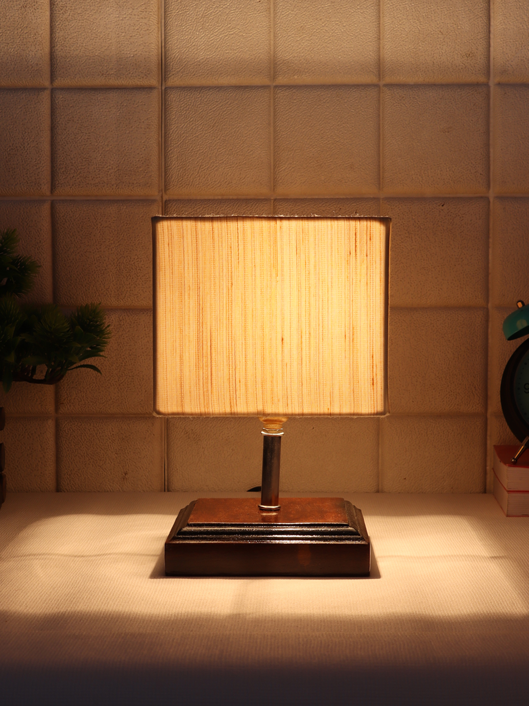 Ambika Home Off-white cotton Table Lamp with Brown Wood Base | Designer Bedside Lamp for Living Room, Bedroom, Hotel, Café & Restaurant - Image 3