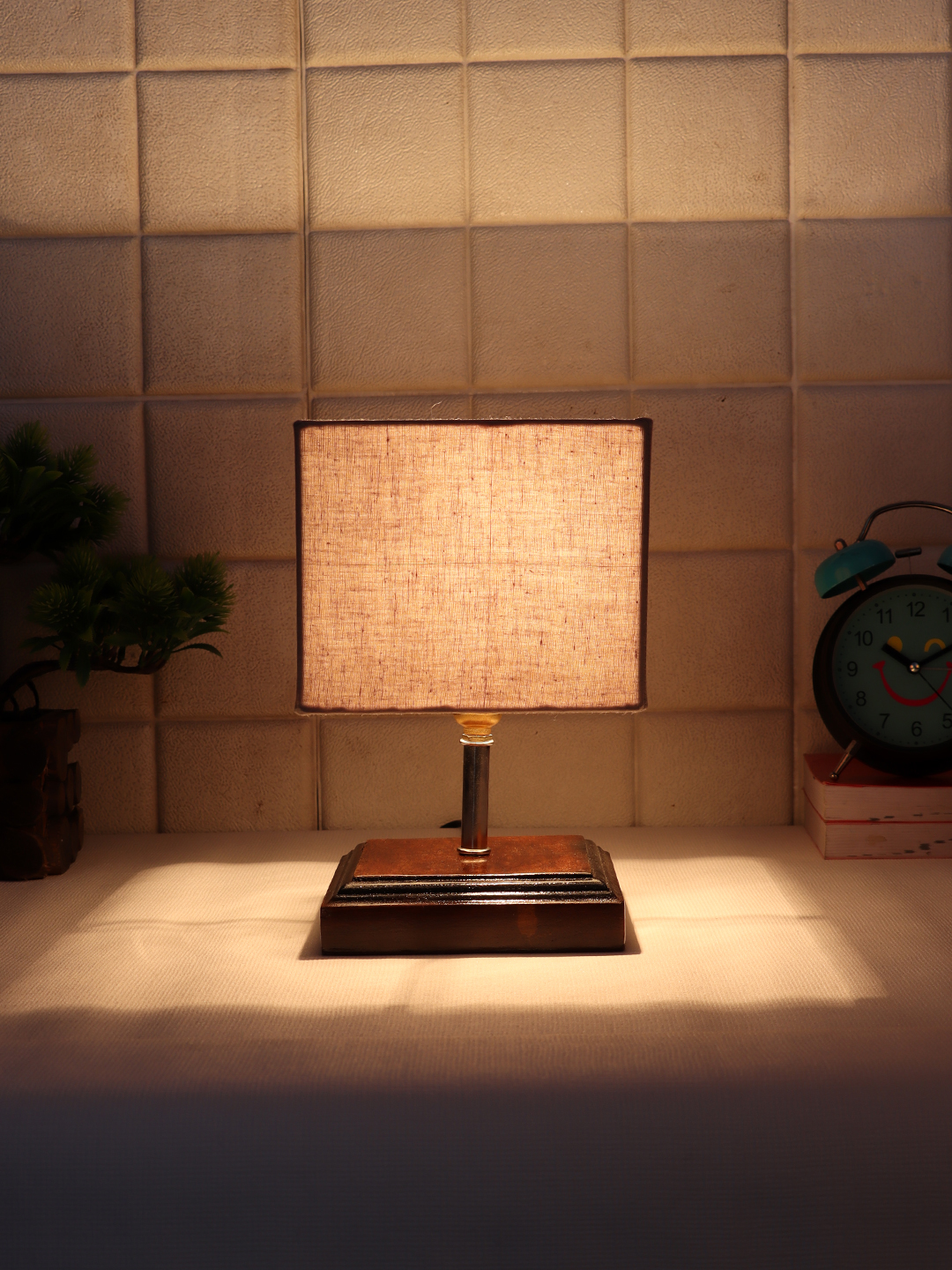 Ambika Home Grey cotton Table Lamp with Brown Wood Base | Designer Bedside Lamp for Living Room, Bedroom, Hotel, Café & Restaurant - Image 3