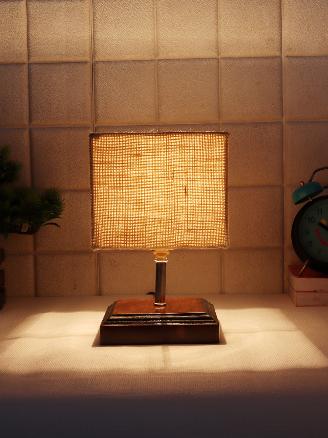 Ambika Home White Jute Table Lamp with Brown Wood Base | Designer Bedside Lamp for Living Room, Bedroom, Hotel, Café & Restaurant - Image 3