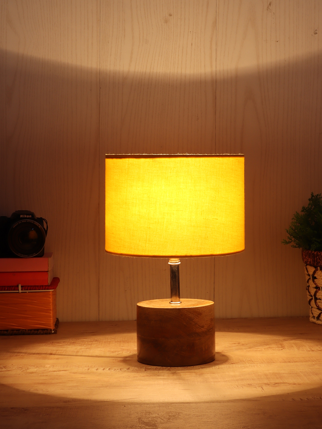 Ambika Home Yellow cotton Table Lamp with Natural Wood Base | Designer Bedside Lamp for Living Room, Bedroom, Hotel, Café & Restaurant - Image 3