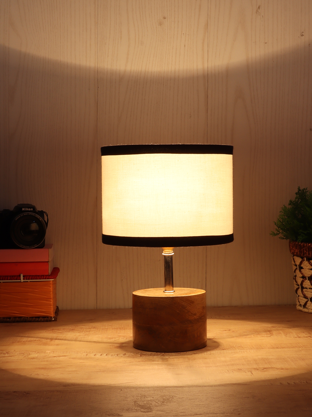 Ambika Home White cotton Table Lamp with Natural Wood Base | Designer Bedside Lamp for Living Room, Bedroom, Hotel, Café & Restaurant - Image 3