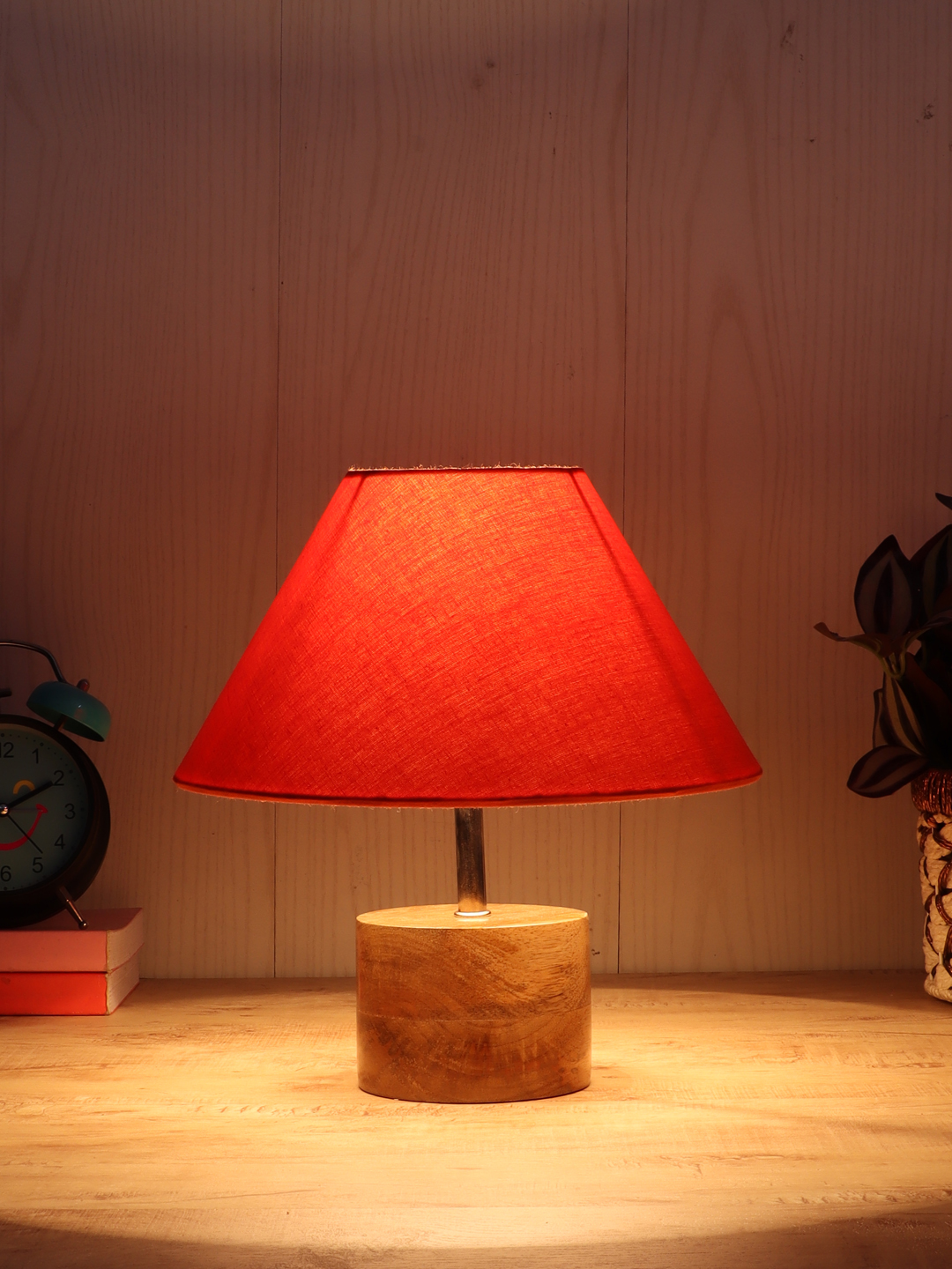 Ambika Home Orange cotton Table Lamp with Natural Wood Base | Designer Bedside Lamp for Living Room, Bedroom, Hotel, Café & Restaurant - Image 3