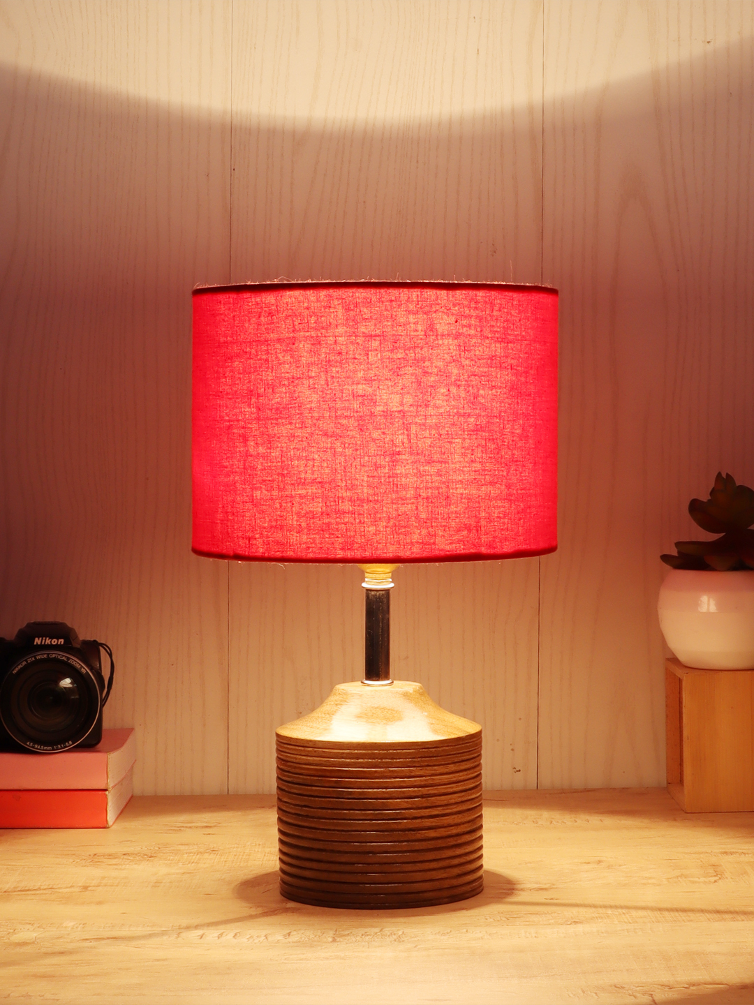 Ambika Home Red cotton Table Lamp with Natural Wood Base | Designer Bedside Lamp for Living Room, Bedroom, Hotel, Café & Restaurant - Image 3