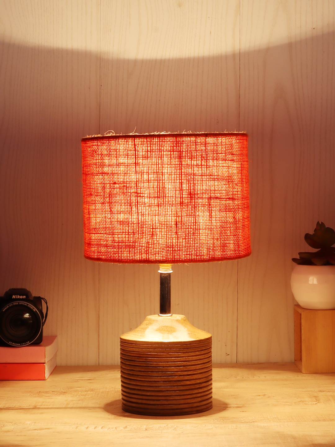 Ambika Home Orange Jute Table Lamp with Natural Wood Base | Designer Bedside Lamp for Living Room, Bedroom, Hotel, Café & Restaurant - Image 3
