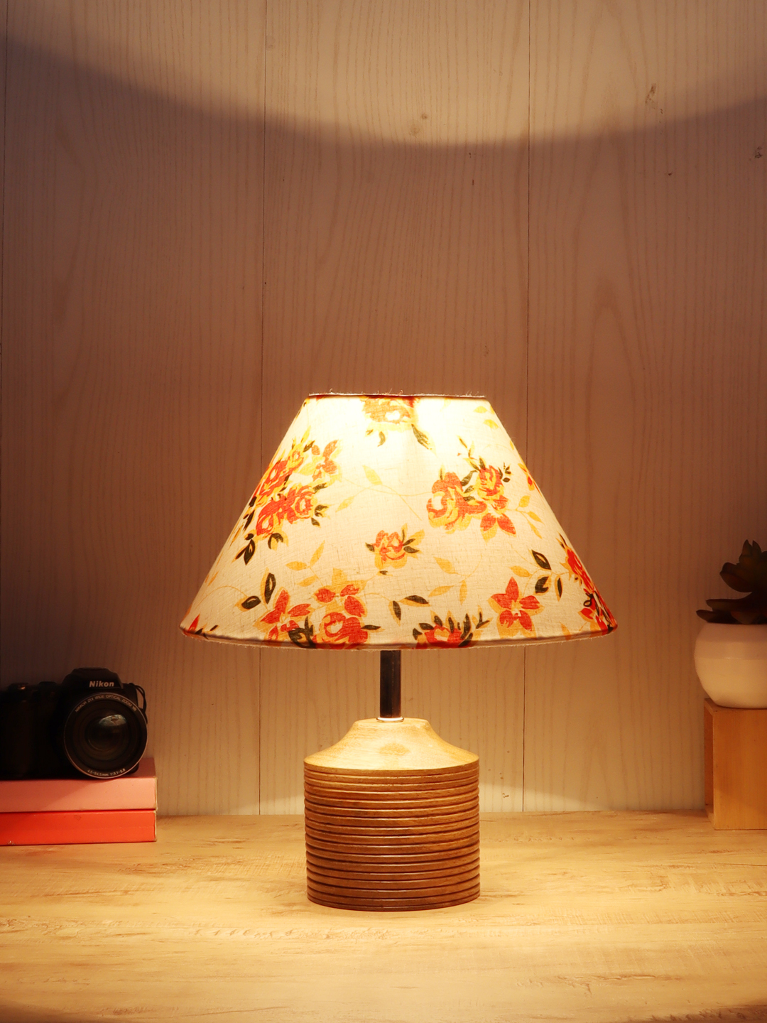 Ambika Home Multicolor cotton Table Lamp with Natural Wood Base | Designer Bedside Lamp for Living Room, Bedroom, Hotel, Café & Restaurant - Image 3