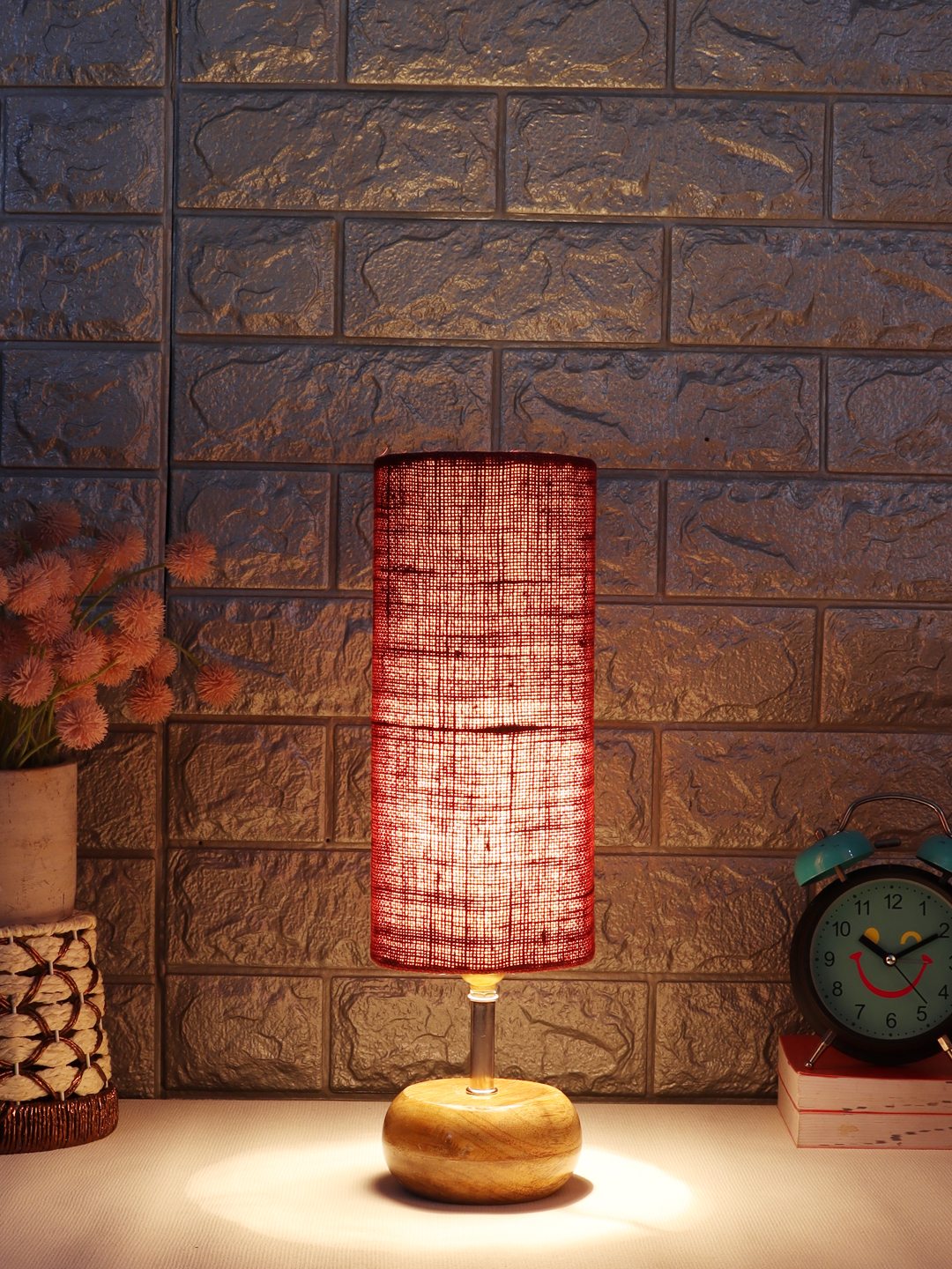 Ambika Home Maroon Jute Table Lamp with Natural Wood Base | Designer Bedside Lamp for Living Room, Bedroom, Hotel, Café & Restaurant - Image 3