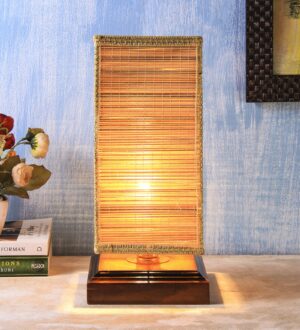 Ambika Home Premium Handmade Beige Bamboo Square Table Lamp with Square & Brown Wooden Base | Boho Bedside Lamp for Bedroom, Living Room, Hotel, Café & Office | E27 Holder