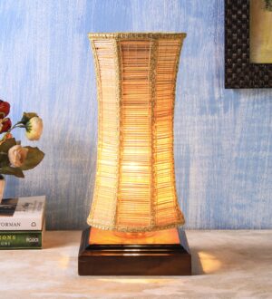 Ambika Home Premium Handmade Beige Bamboo Damru Table Lamp with Square & Brown Wooden Base | Boho Bedside Lamp for Bedroom, Living Room, Hotel, Café & Office | E27 Holder