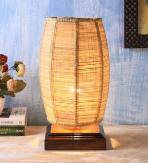 Ambika Home Premium Handmade Beige Bamboo Dholak Table Lamp with Square & Brown Wooden Base | Boho Bedside Lamp for Bedroom, Living Room, Hotel, Café & Office | E27 Holder