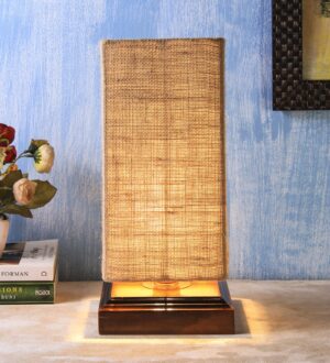 Ambika Home Premium Handmade Beige Bamboo Pyramid Table Lamp with Square & Brown Wooden Base | Boho Bedside Lamp for Bedroom, Living Room, Hotel, Café & Office | E27 Holder