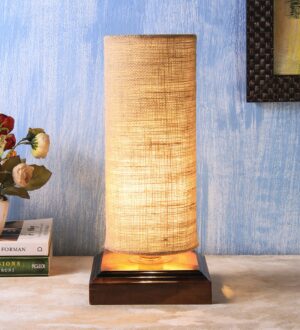 Ambika Home Premium Handmade Beige Bamboo Kamal Table Lamp with Square & Brown Wooden Base | Boho Bedside Lamp for Bedroom, Living Room, Hotel, Café & Office | E27 Holder