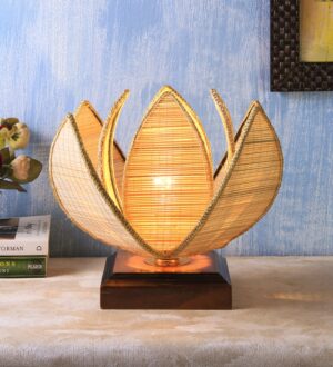 Ambika Home Premium Handmade Beige Bamboo Lotus Table Lamp with Square & Brown Wooden Base | Boho Bedside Lamp for Bedroom, Living Room, Hotel, Café & Office | E27 Holder